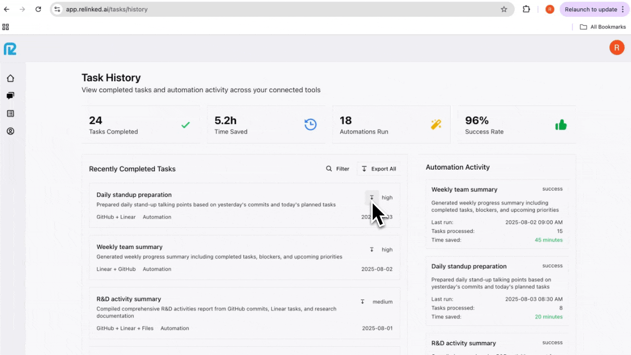 Track and export tasks demonstration